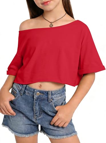 Image of Girls Off the Shoulder Tops Crop Short Sleeve Tees | Rolled Cuffs, Loose Fit, Crop Tops, Dance, Summer, Oversized, Trendy