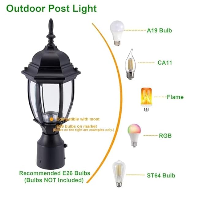 LIT-PaTH Dusk to Dawn Outdoor Post Lighting Fixture Pole Lantern, E26 Medium Base Max 60W, Aluminum Housing Plus Glass, Bulb Not Included (Black, 2-Pack)