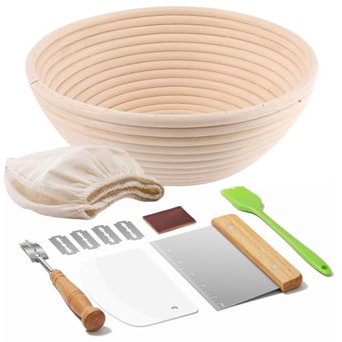 Banneton Bread Proofing Basket 11-Piece Set Includes 9-Inch Round Basket Bread Lame Blades Scrapers Cotton Cover Silicone Brush and More Sourdough Baking Kit