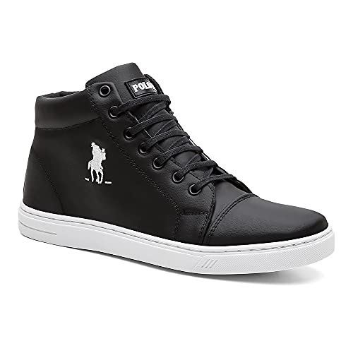 Tênis Estilo Botinha Casual Polo Cano Alto Masculino Confort Preto+Branco