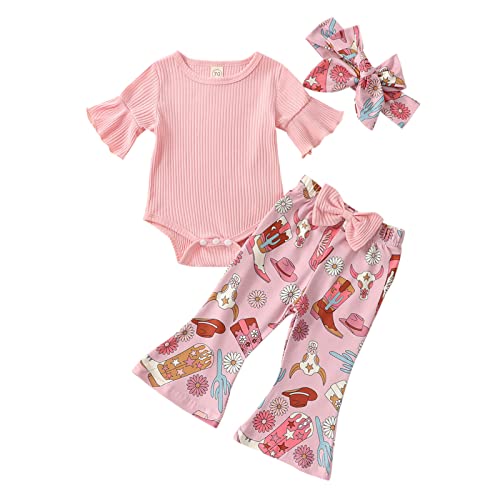 Image of Hnyenmcko Newborn Baby Girl Clothes Ribbed Long Sleeve Ruffle Romper Bell-Bottom Pants Headband Set 3Pcs Fall Winter Outfits