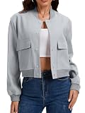 imbpceu Women Cropped Bomber Jacket Casual Long Sleeve Coats Button Down Varsity Jackets with Pockets Grey M