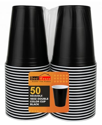 BH | Black Plastic Cups | 16oz | 470 ml | 50-Pack | Party Cup Drinking Cup for Party Events Everyday Christmas Games Wedding and Picnics Reusable & Recyclable Drinking Cups - by Best House