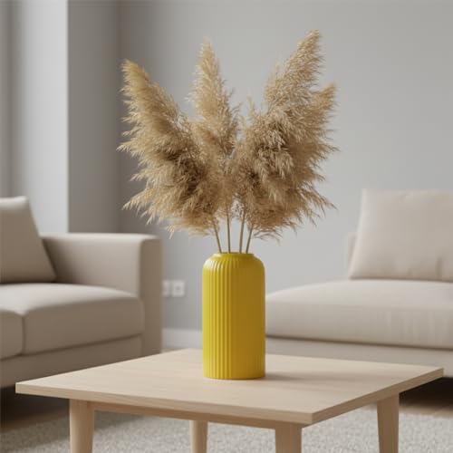 Image of Yellow Ribbed Ceramic Flower Vase 6 Inch Matte Pampas Grass & Dried Flower Vase for Home & Office Table Decor Decorative Centerpiece Gift - Vase Only