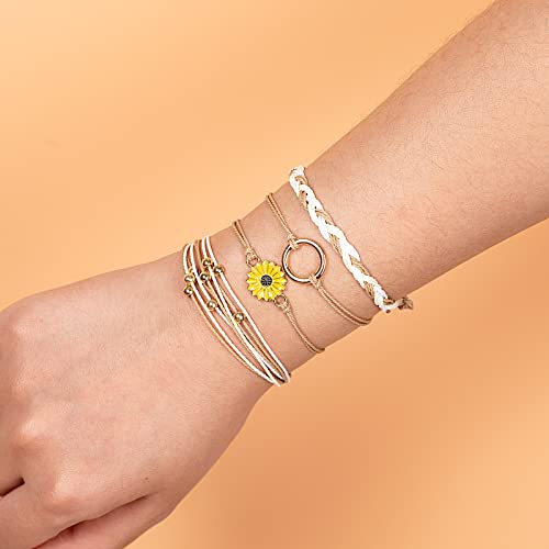 Fancy Shiny Sunflower String Bracelets Cute Beaded Handmade Rope Bracelet Set Adjustable Braided Circle Charm Bracelet Pack For Teen Girls Women(Sand) #TOP5