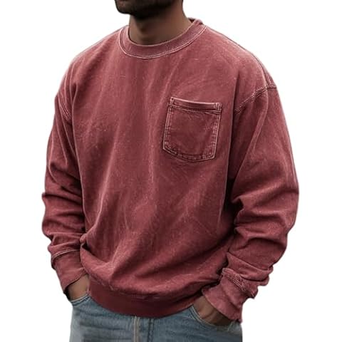 Thatrich Mens Crew Neck Sweatshirts Graphic Acid Wash Sweatshirt Oversized Long Sleeve Shirts Lightweight Pullover Casual Top Red Cover