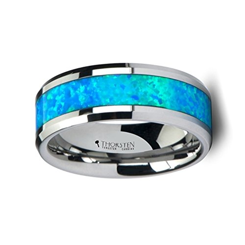 QUASAR Tungsten Contemporary Metal Wedding Band Ring with Blue Green Opal Inlay 8mm wide2