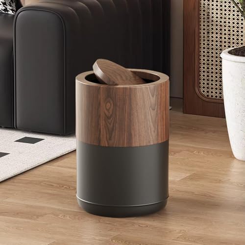 Image of 15L /4GAL Modern Metal Waste Bin with Realistic Wood Texture,Built-in Bag Holder,Swing Lid Trash Bin for Bathroom,Home,Office,Living Room (4gal Swing lid)
