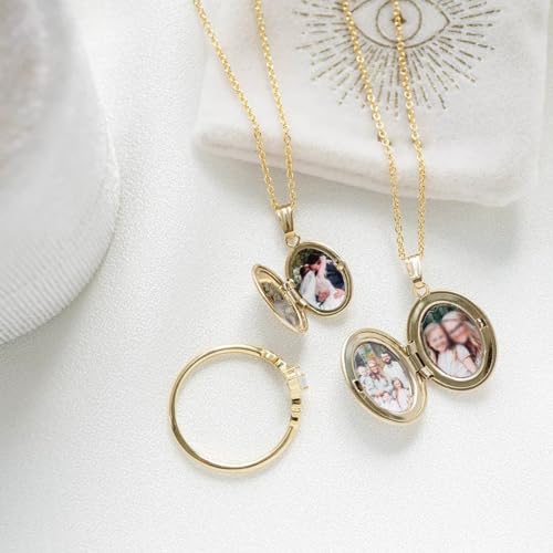 Rikelus Sterling Silver Photo Locket Necklace for Women, Lavender Flower picture locket, Oval Yellow/White Picture Locket Jewelry Birthday Anniversary Christmas Gift for Her Mom Wife