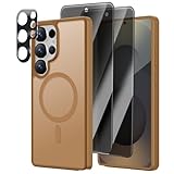 [4 in 1] Magnetic for Samsung Galaxy S25 Ultra Case, 2 Pics Privacy Screen Protectors and 1 Pic Camera Protector, Fit for MagSafe, Military Grade Shockproof Translucent Matte S25 Ultra Cover, Brown