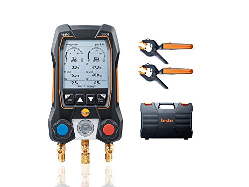 Testo 550s Kit I App Operated Digital Manifold with 2 x Wireless testo 115i Pipe Clamp Thermometer for air Conditioning, Refrigeration Systems and Heat Pumps – with Bluetooth