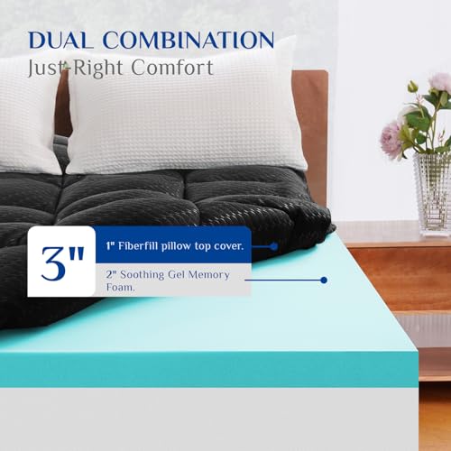 Dual Layer 3 Inch Memory Foam Mattress Topper California King Size, 2 Inch Gel Memory Foam Plus 1 Inch Cooling Pillow Top Mattress Pad Cover, with 8-21 Inch Deep Pocket, Black