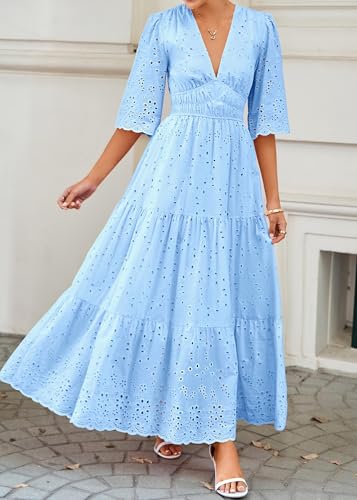 Lazysmile Long Sleeve Dresses for Women V Neck Hollow Out Eyelet Ruffle Swing A-Line Fall Vacation Boho Maxi Dress Light Blue — view 2