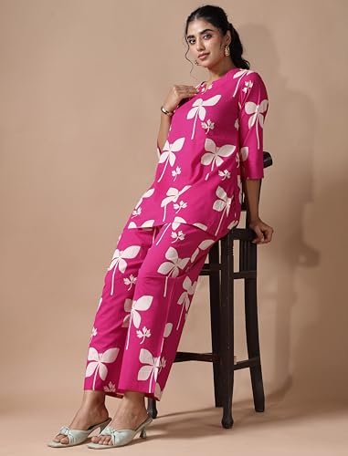 Image of Pinkmint Women's Pure Cotton Co Ord Set l Kurta Sets for Women |Kurta Sets| Printed Kurta with Pant l Stylish Pocket & 3 /4 Sleeve Women Co-ord Set (Avaiable in Plus size)