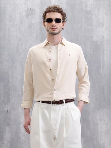 Image of WROGN Men's Cotton Linen Blend Shirt | Solid | Slim Fit