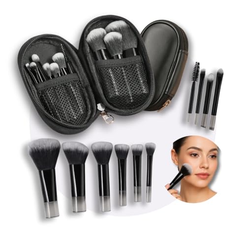 Kit 10 Mini Pincéis de Maquiagem com Estojo Cerdas Sintéticas Macias, Portátil e Completo para Base, Pó, Blush, Corretivo e Sombras – Para Viagem Travel Size Ideal para Presente, Uso Diário e Adolescentes (Preto)