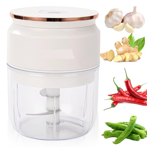 Zwiebel Zerkleinerer Elektrisch, 300ml Klein Gemüseschneider Elektrisch mit USB-Ladekabel, Multizerkleinerer Fleischwolf, Aufladbar Gemüsezerkleinerer für Fleisch Zwiebeln Knoblauch(Weiß)