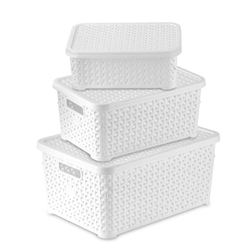 Image of Jaypee Plus Keep all 3 Plastic Storage Basket Organizers With Lid For Kitchen,Fridge, Office Wardrobe, Stationery, Household, Toys & Multipurpose use Pack of 3 Durable Box, White