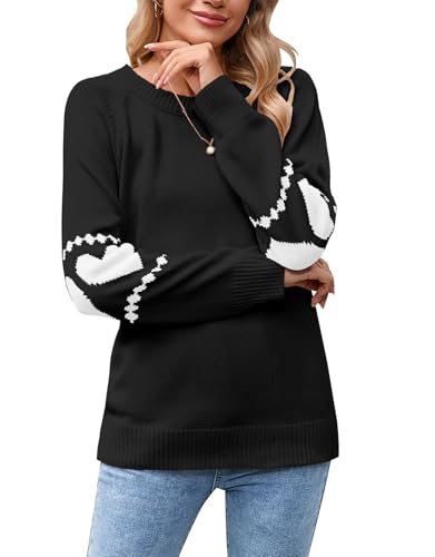 shermie Women's Long Sleeve Crew Neck Casual Sweaters Cute Heart Pattern Elbow Patchwork Pullover Large G-80 Black