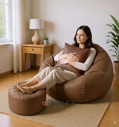 Image of 4XL Bean Bag Cover with Foot Stool & Cushion Cover | Premium PVC Leatherette | Double Stitched | 6 Months Warranty (Beans Required) Color- (TAN)