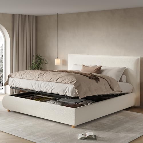 Cama funcional hidráulica con espacio de almacenamiento, 180 x 200 cm, cama doble tapizada con cabecero y somier, cabecero acolchado, patas de madera maciza, diseño moderno, líneas sencillas y