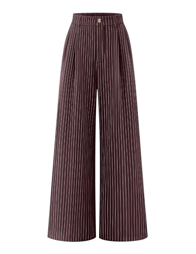 ZESICA Womens Wide Leg Striped Palazzo Pants 2026 High Waist Straight Business Work Dressy Slacks Trousers with Pockets Red Brown Large
