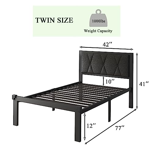 Ipormis Twin Metal Platform Bed Frame With Upholstered Headboard, Upgraded Heavy Duty Bed Frame With Steel Slats Support/12 Under Bed Storage, Noise Free, No Box Spring Needed, Dark Gray #TOP1