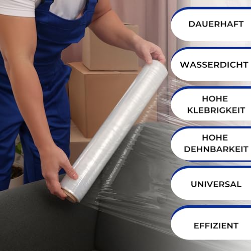 RAGO® Stretchfolie Transparent folie für möbel 150m Hand Stretchfolie rollen I Palettenfolie Handfolie Wickelfolie I Verpackungsmaterial Packfolien (7,5 x 7,5 x 40 cm) 0,9 kg I Dicke 23 µm