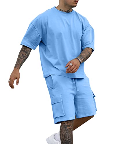 YawYews Herren 2 Stück Outfits Casual Trainingsanzug Cargo Shorts Sommer Anzug Oversize Kurzarm Sport Set, Blau, Medium