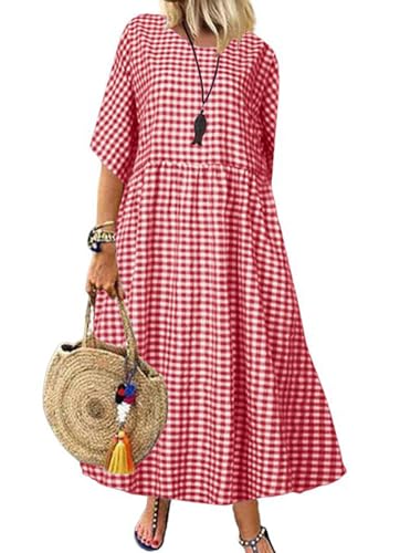 Image of chouyatou Women's Casual Plaid Short Sleeve Beach Dress Crewneck Gingham Swing Flowy Midi Long Tunic Dress