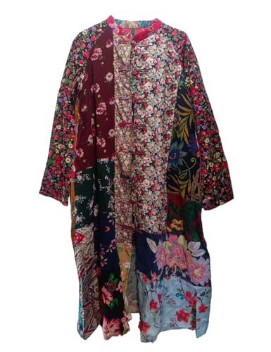 Women's Trench Coat Cotton Linen Floral Print Jacket Chinese Style Patchwork Outwear4