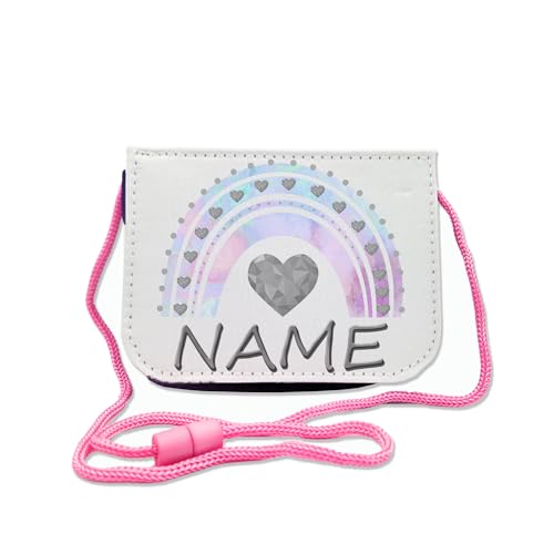 Kinder Brustbeutel mit Name und Schriftartwahl | Klettverschluss mit Schnur zum Umhängen und Klarsichtfach | Geldbeutel personalisiert | 3 Farben (pastell Regenbogen)