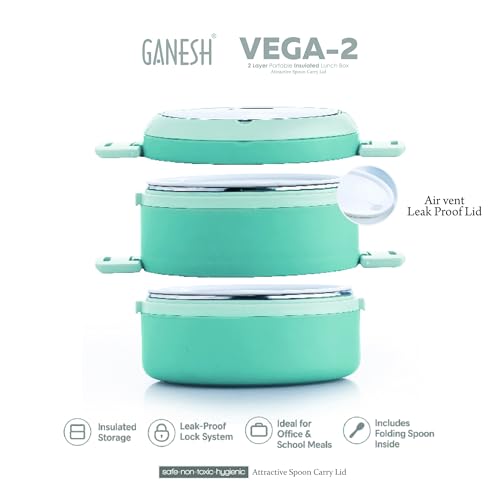 Image of Ganesh 2 Compartment Vega Insulated Food Container with Attractive Spoon - Airtight Leak-Proof Lunch Box for Office, School, Picnic 800ml - Peach
