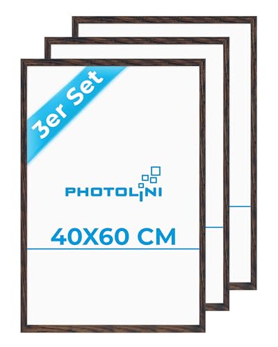 PHOTOLINI Marcos 40x60 cm madera MDF roble oscuro, set de 3 marcos para pósteres, cristal acrílico, para colgar, incluye accesorios - para fotos, láminas y pósteres