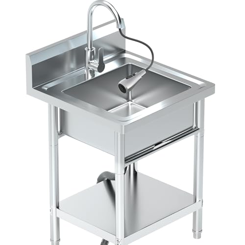 20Inch Stainless Steel Utility Sink, Commercial Single Bowl with Hot & Cold Water Lines, Drain Kit +...
