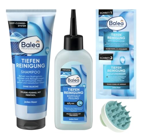 Balea Tiefenreinigung 3er Pack - Shampoo Tiefenreinigung (250 ml)+Kopfhautpflege Peeling Tiefenreinigung (150 ml) + Tiefenreinigung, Spitzenpflege & Ansatzreiniger (2x8 ml) +Kopfhaut Massagebürste