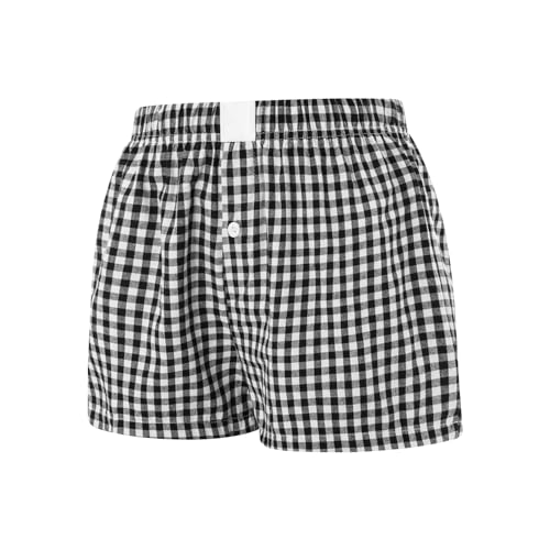 Image of Women Pajamas Shorts Micro Boxer Shorts Y2K Cute Gingham Sleep Lounge Shorts Checkered Plaid Button Pj Mini Shorts