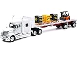 International Lonestar Flatbed Truck White with 6 Toxic Barrels, 3 Pallets and Forklift Long Haul Trucker Series 1/32 Diecast Model by New Ray 10193B