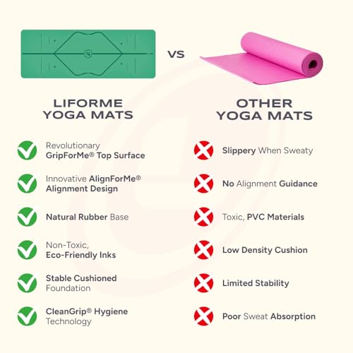 Liforme Original Yoga Mat – Free Yoga Bag Included - Patented Alignment System, Warrior-like Grip, Non-slip, Eco-friendly, sweat-resistant, 4.2mm thick mat for comfort - Green