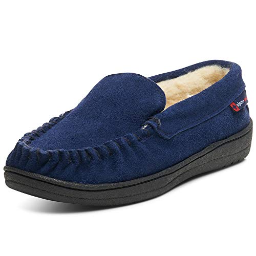 Image of Alpine Swiss Men's Moccasin Slippers Genuine Suede Slip-On House Shoes Memory Foam Insoles Plush Faux Shearling Lining Comfortable Indoor Outdoor Slipper with Anti-Slip Rubber Sole