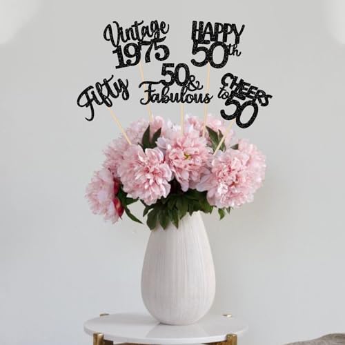Image of 15 PCS Black 50th Birthday Centerpiece Sticks Fifty Happy 50th Vintage 1976 Table Flower Centerpieces Sticks Cheers to 50 Fabulous Floral Decorations for 50th Birthday Party Centerpieces Supplies
