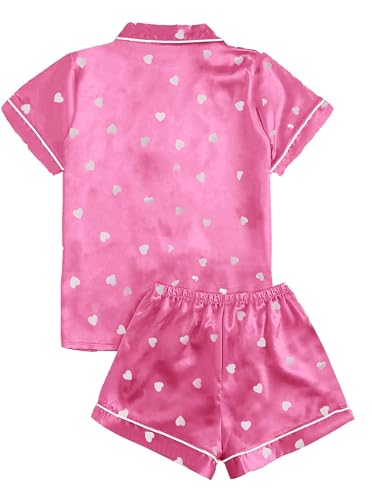 Image of Remidoo Womens Heart Print Satin Pajamas Button Down 2 Piece Sleepwear Set Pink X-Small