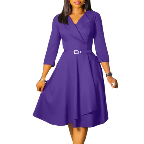 Image of Elainone Women 3 /4 Sleeve Casual Swing Flared A Line Dress Wedding Guest Semi Formal Office Work Dresses with Belt