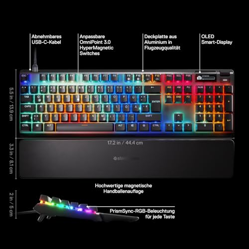 SteelSeries Apex Pro Gen 3 - Gaming Keyboard - Hall Effect Switches; OmniPoint 3.0 - Adjustable Actuation - Game-Ready Presets - Rapid Trigger, Protection Mode, Rapid Tap/SOCD - German QWERTZ