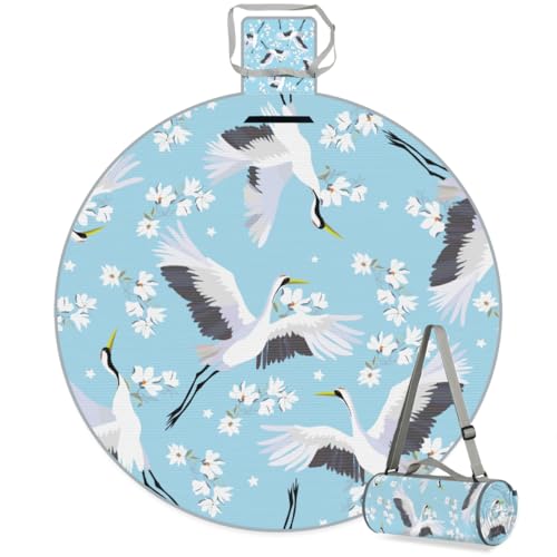 Shimoshe Flower Crane Picnic Outdoor Blanket Foldable Waterproof Sandproof Beach Blanket Portable Water-Resistant Round Picnic Mat for Travel Camping Park Lawn