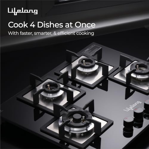Image of Lifelong 4 Burner Hob | 8mm Thick Toughened Glass | Highly Efficient Auto Ignition Tabletop Gas Stove & Wok Burner | 360 Multidirectional Gas Inlet | Spill-Proof & Easy Clean Surface (Black)