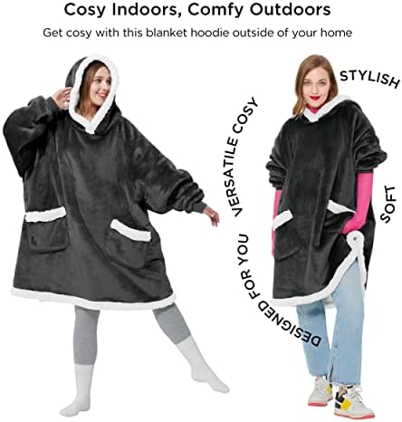 Bedsure Hoodie Blanket Women Grey - Wearable Blanket Hoodie, Sherpa Fleece Snuggle Hooded Blanket Oversized for Men, Warm Comfy Sweater Blanket, Gift for Her, Presents for Women, Grey