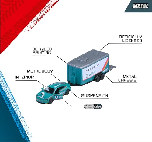 Majorette - Race Trailer Set - 2 Spielzeugautos & 1 Anh&auml;nger im Motorsport-Design, Autos und Trailer aus Metall, 19 cm, f&uuml;r Kinder ab 3 Jahren, zuf&auml;llige Auswahl