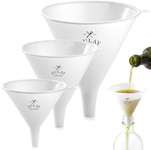 Zulay Kitchen 3-Piece Plastic Funnel Set - Large, Medium, and Small Kitchen Funnels Pouring Spout - for Filling Bottles Water Liquid, Protein Powder, Food Grade Cooking, Drink, Paint, Lotion, Kids