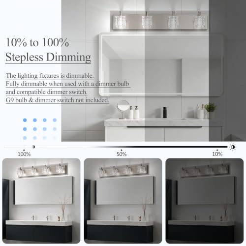 Image of Ralbay Crystal Bathroom Vanity Light Brushed Nickel 4 Light Modern Bathroom Wall Lighting Fixtures Over Mirror
